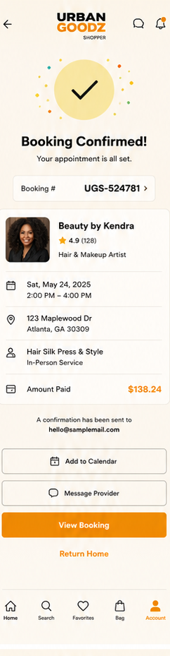 Urban Goodz shopper app showing a confirmed booking with provider details and payment summary