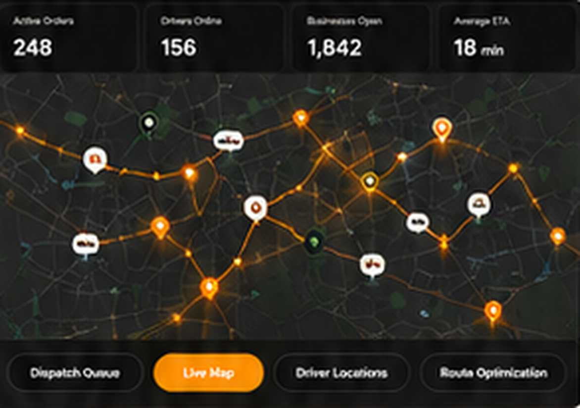 Urban Goodz live dispatch map showing active orders, drivers online, open businesses and average ETA