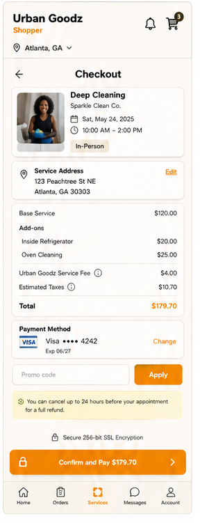Urban Goodz secure checkout screen for a home cleaning booking