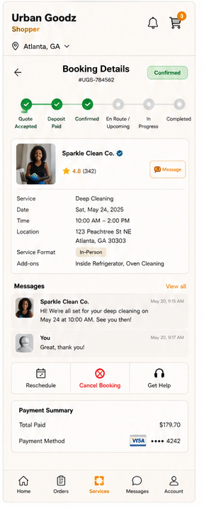 Urban Goodz booking details screen with live status timeline and provider messages