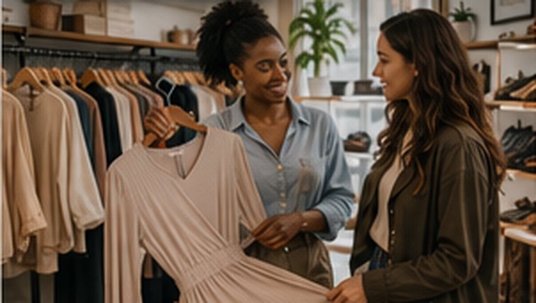 Two women looking through a rail of clothing in a local boutique