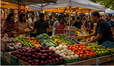 Neighbors shopping the stalls of an outdoor community market