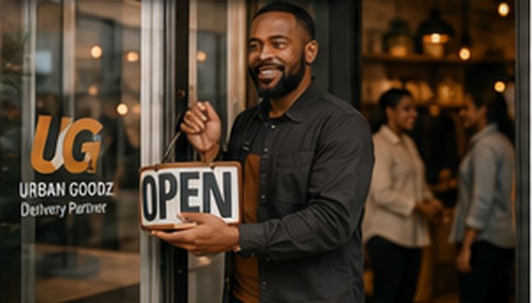 A business owner turning the sign to Open at the door of his shop