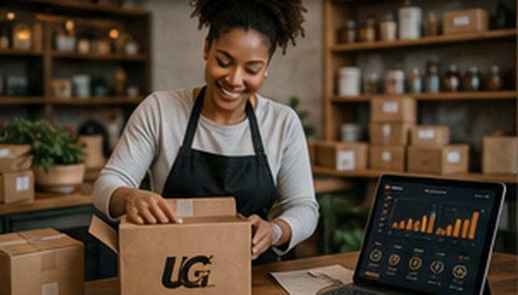 A small business owner packing an order beside a sales dashboard