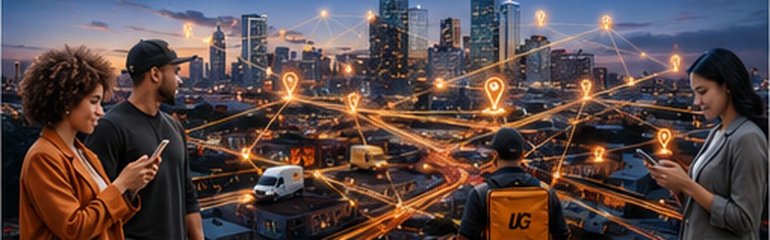 A city skyline at dusk, lit by a network of connected delivery routes