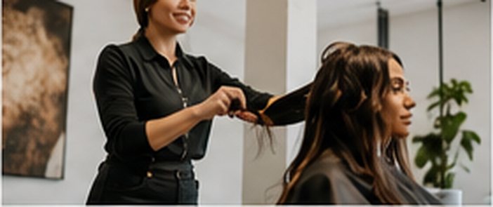 A stylist finishing a client’s hair in a neighborhood salon
